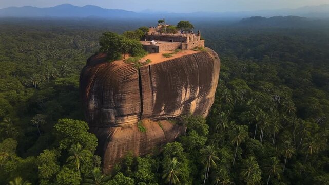 Aerial view of sigiriya lion rock ancient fortress in forest