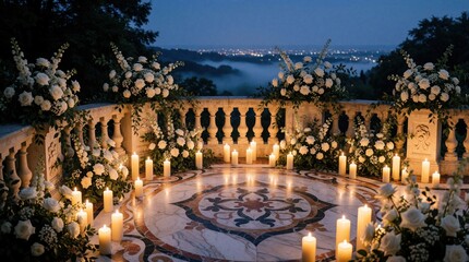 Fototapeta premium Elegant wedding altar on a balcony at twilight, adorned with white roses, green plants, and numerous lit candles. City lights twinkle in the misty valley below.
