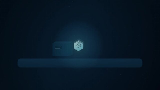 Digital Data Processing Animation Featuring Abstract Glowing Icons and Dynamic Block Elements for Technology Ai or Blockchain Concepts