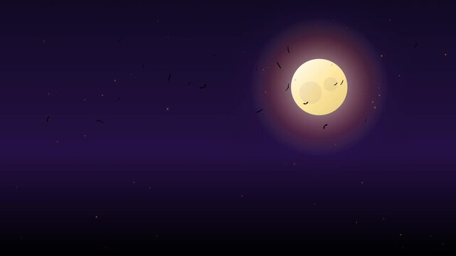 Full Moon with Flying Bats in Night Sky