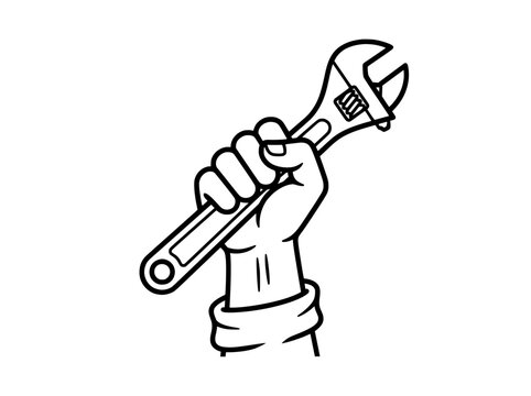 Minimalist line art of hand holding adjustable wrench, industrial repair tool vector, mechanic fist with spanner for maintenance service