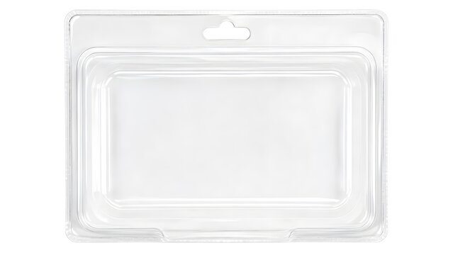 Transparent plastic blister packaging shell with hanging hole isolated on white background, clear PVC container for retail product display