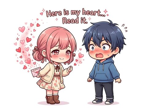 Anime chibi couple love confession, cute girl giving heart letter to blushing boy, romantic manga style illustration with hearts