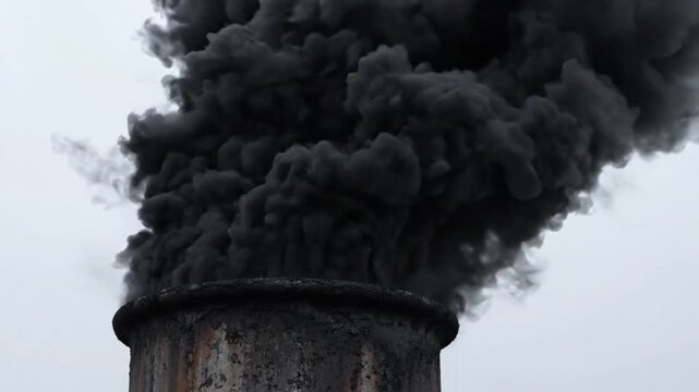 Industrial chimney emitting thick black smoke into the overcast sky smoke
