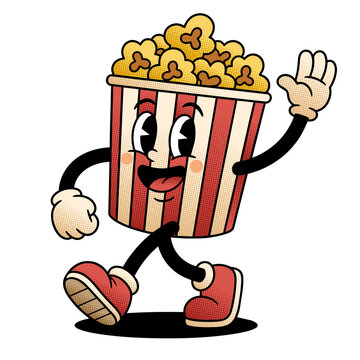 Happy Popcorn Mascot Cartoon Character Walking With Retro Movie Snack Bucket Illustration