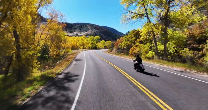 Cinematic low-flying drone tracks a solo motorcycle rider beneath vibrant fall foliage, cruising toward Deer Creek Canyon in the Rocky Mountain foothills south of Columbine, Colorado.