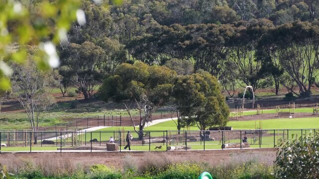 People and dogs at a fenced off-leash dog park with agility equipment, walking paths, and native tree-covered hills in the background, Bacchus Marsh, Victoria, Australia