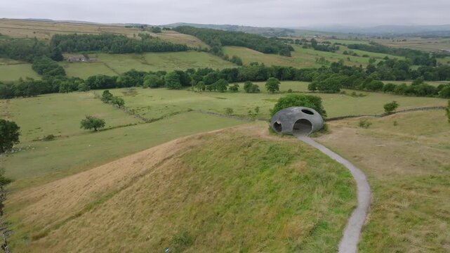 The Atom Panopticon, Wycoller, Pendle, Lancashire, UK. Slow Orbit Showing Hilltop Location And Wider English Landscape.