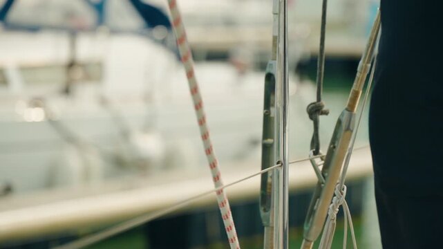 Slow-motion close-up of a mooring rope being released, signaling a sailboat's departure from the harbor and the start of its voyage