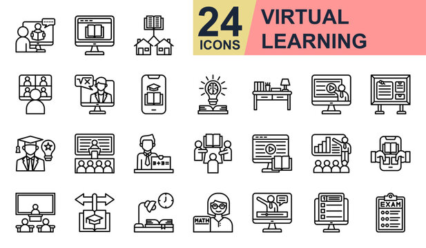 Virtual learning Icons set vector illustration. Containing Online Class, Virtual Class, Knowledge base, Study Desk, Seminar and more. Simple line icons collection.
