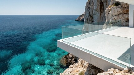 Fototapeta premium Modern concrete balcony with glass railing overhangs cliff above clear turquoise sea. Minimalist architecture offers expansive ocean view, perfect for luxury travel or serene escape.