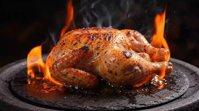 Whole Roasted Chicken Sizzling on Hot Stone Plate with Open Flames