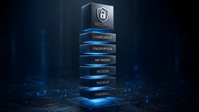 Cyber security compliance infrastructure concept with stacked digital metal cubes featuring encryption network and firewall protection interfaces