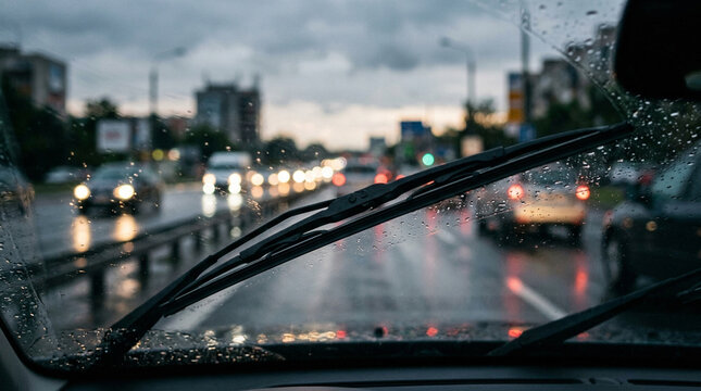 Rainy city drive through car windshield with wipers