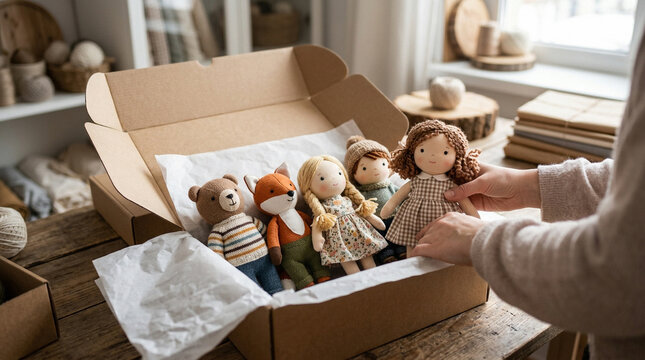 Handmade Knitted Dolls and Plush Animals in Shipping Box