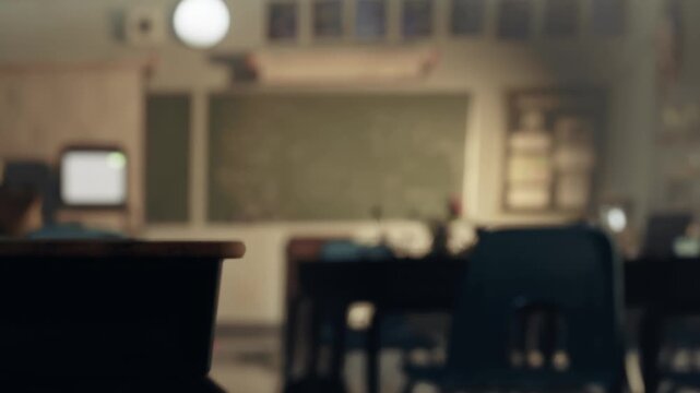 Inside a school, empty desks are arranged in a classroom. A chalkboard is visible in the background. The setting shows signs of a typical school day.