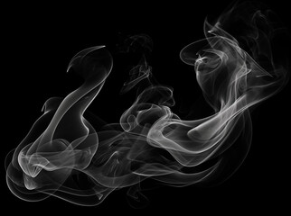 Elegant plumes of translucent white smoke softly drifting and intertwining on a stark black canvas presenting a sophisticated abstract composition for modern graphic design. © Farhan