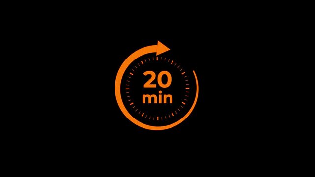 20 minute countdown timer animation with orange circular progress bar on black background, 20 minutes