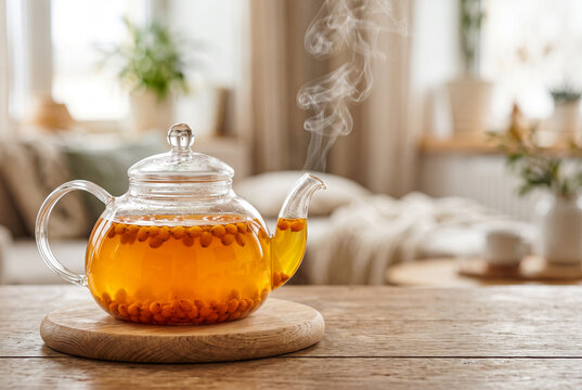 Transparent glass teapot with brewing sea buckthorn tea on wooden table in cozy living room