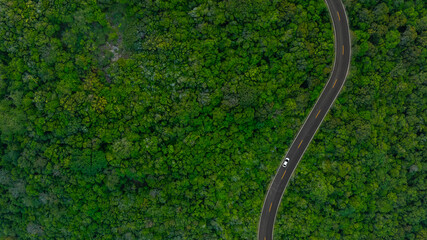 Aerial view of dark green forest road and white electric car Natural landscape and elevated roads...