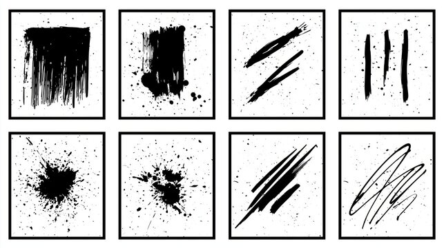 Set of eight abstract black ink brush strokes and paint splatters on white background for modern minimalist graphic design projects
