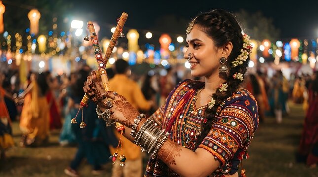 Smiling woman in traditional indian attire holding dandiya sticks during a vibrant navratri garba dance celebration at night