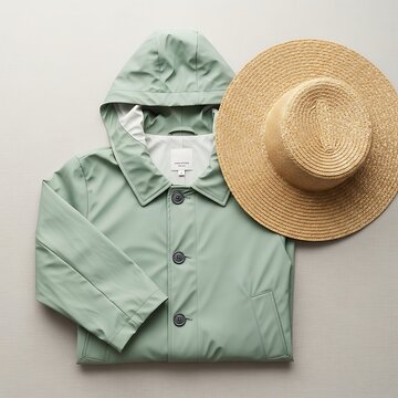 Elegant flat lay arrangement of a neatly folded light green raincoat with button details, complemented by a fashionable straw hat on a subtle grey background.