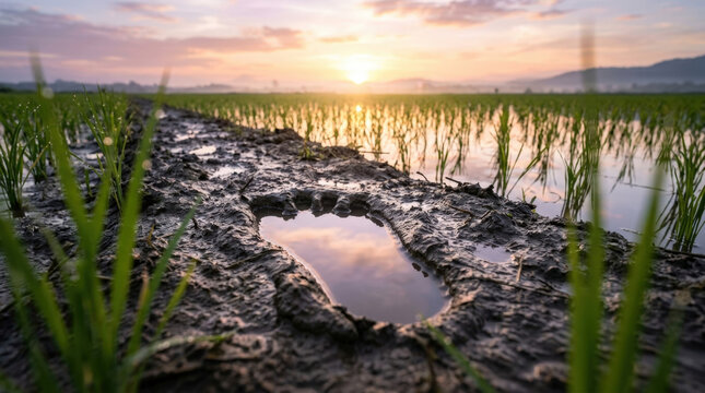 Close up human footprint impressed in wet fertile soil of rice terrace reflecting morning sky during early dawn season planting.