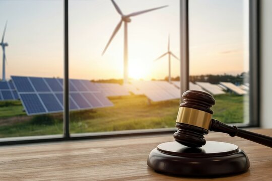 A wooden judge gavel sits on a table overlooking a solar farm with wind turbines at sunset. Legal regulation for renewable energy industry concept.