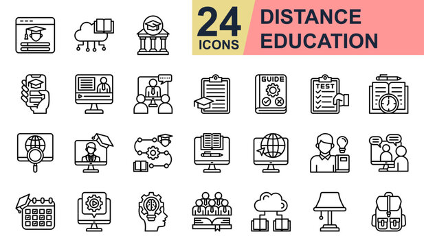 Distance education Icons set vector illustration. Containing Student Login, Academy, Course, Learning journey, Student and more. Simple line icons collection.