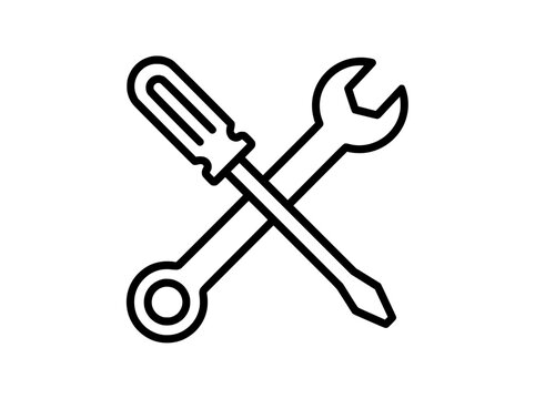 Minimalist crossed screwdriver and wrench icon, black line art repair tools vector, industrial maintenance and service symbol