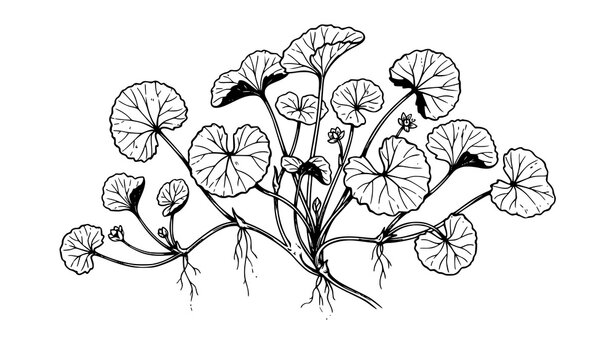 Centella asiatica gotu kola botanical hand drawn black and white vector illustration for organic herbal packaging and product labels