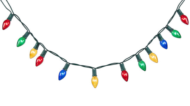 Colorful string of vintage christmas lights isolated on a clean white background