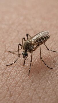 Mosquito Landing and Biting on Human Skin Extreme Macro Closeup. Vertical video