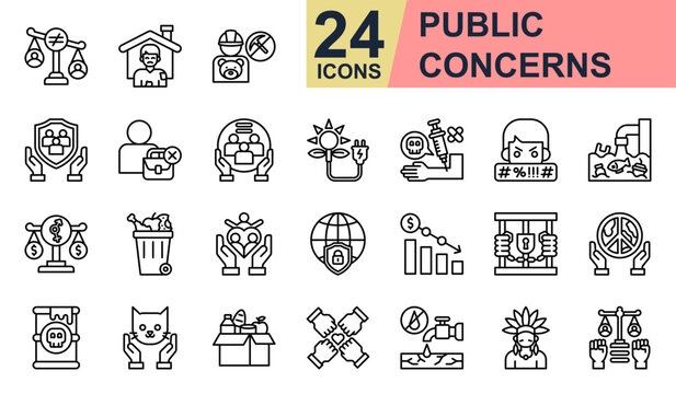 Public concerns Icons set vector illustration. Containing Homeless Shelter, Public Safety, Unemployment, Clean Energy, Animal Rights and more. Simple line icons collection.