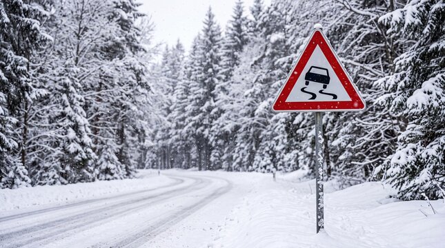 Snow Warning Road Sign in Winter Forest Landscape