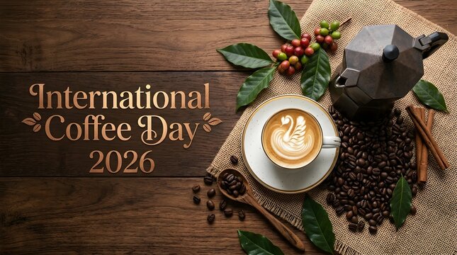 international coffee day 2026 Coffee Beans and Hot Espresso Cup on Wooden Table