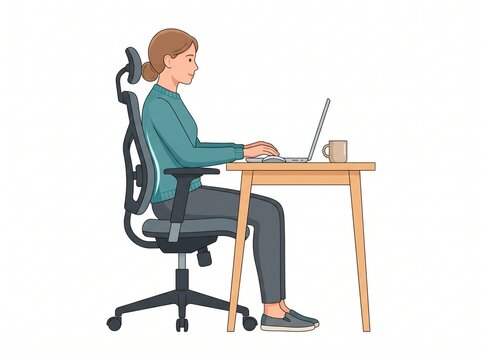 Young woman maintaining correct sitting posture on ergonomic office chair with lumbar support flat vector illustration, vector isolated on white
