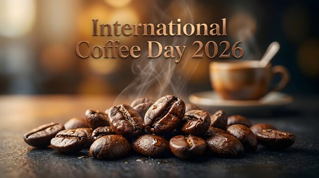 international coffee day 2026 Roasted Coffee Beans Surrounding Steaming Espresso Cup