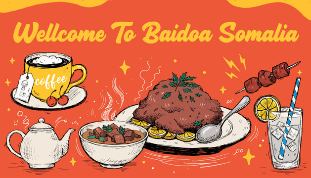Welcome to Baidoa Somalia: Delicious Food and Coffee Illustration with Somali Cuisine and Drinks