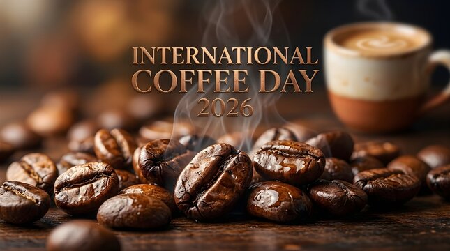 international coffee day 2026 Close Up Roasted Coffee Beans with Hot Espresso Cup