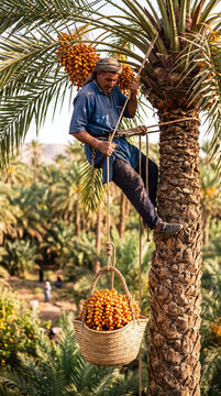Traditional farmer climbing tall palm tree during annual fresh date harvest