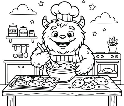 Cute monster baking cookies in kitchen, line art coloring page for kids and adults.