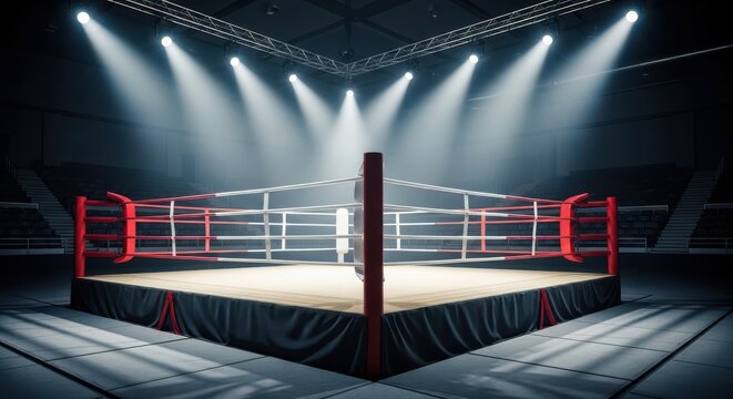 Professional boxing ring under bright spotlights. Empty wrestling arena with red ropes. Dramatic sports stadium background for combat competition.