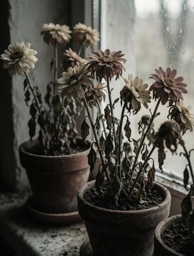 Withered house flowers in terra cotta pots sit neglected on windowsill. Dried, dead plants with wilting petals and parched leaves lack water indoors.