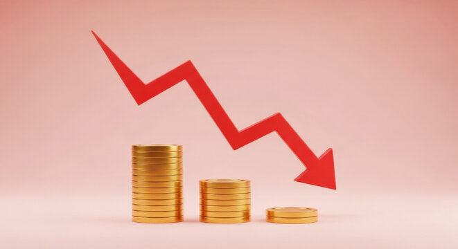 Golden coin stacks placed below descending red trend arrow indicating economic decline and reduced interest rate for financial.