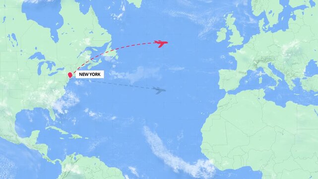 Animated flight path map showing an international travel route from New York to Cairo on a green and blue world map.