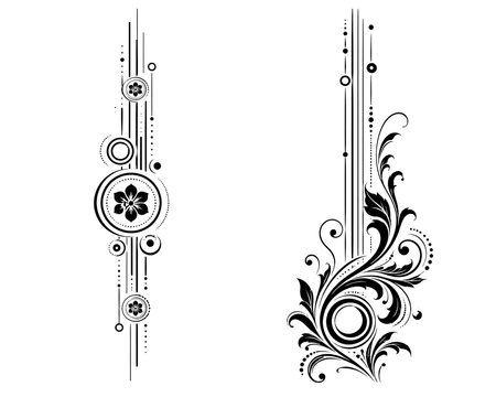 Minimalist floral border ornaments, black decorative line art dividers, elegant vertical scroll motifs for wedding invitations