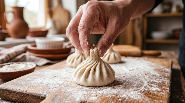Hand holding traditional Georgian khinkali dumpling on rustic flour board