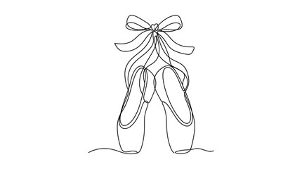 Continuous line drawing of ballet pointe shoes with ribbons on a white background. © Mark